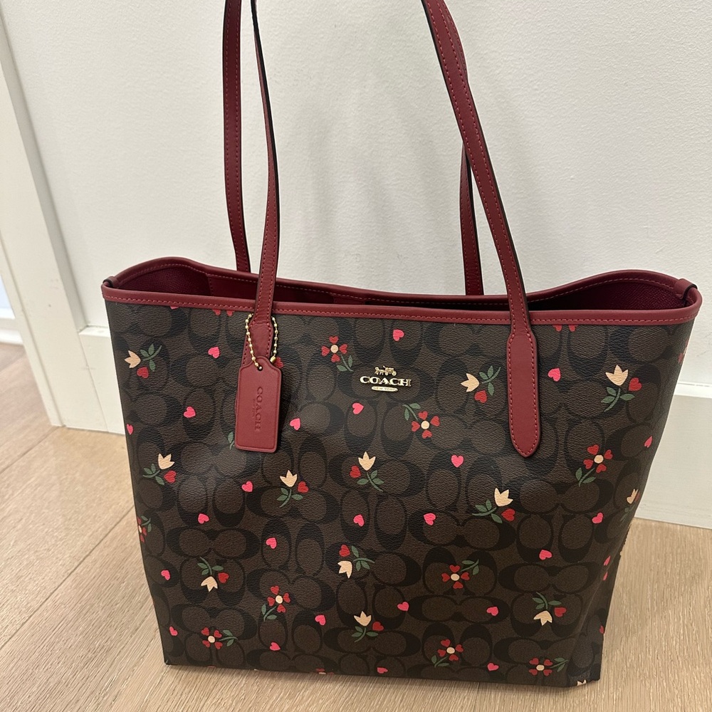 Coach Floral Tote in Brown and Red